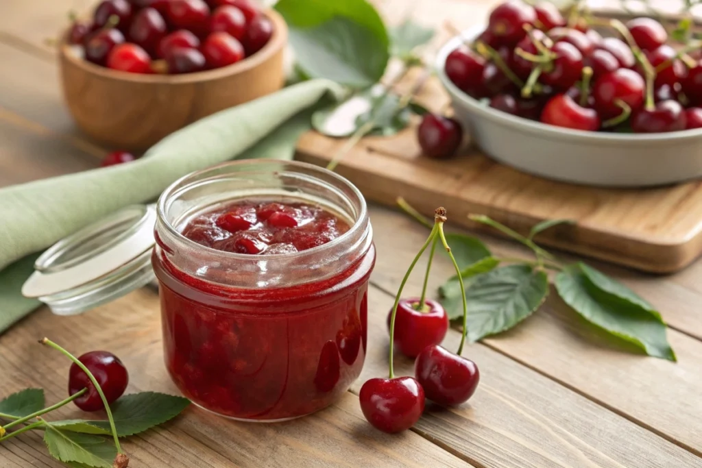a glass jar of cherry jelly surrounded by fresh cherries on a wooden table.