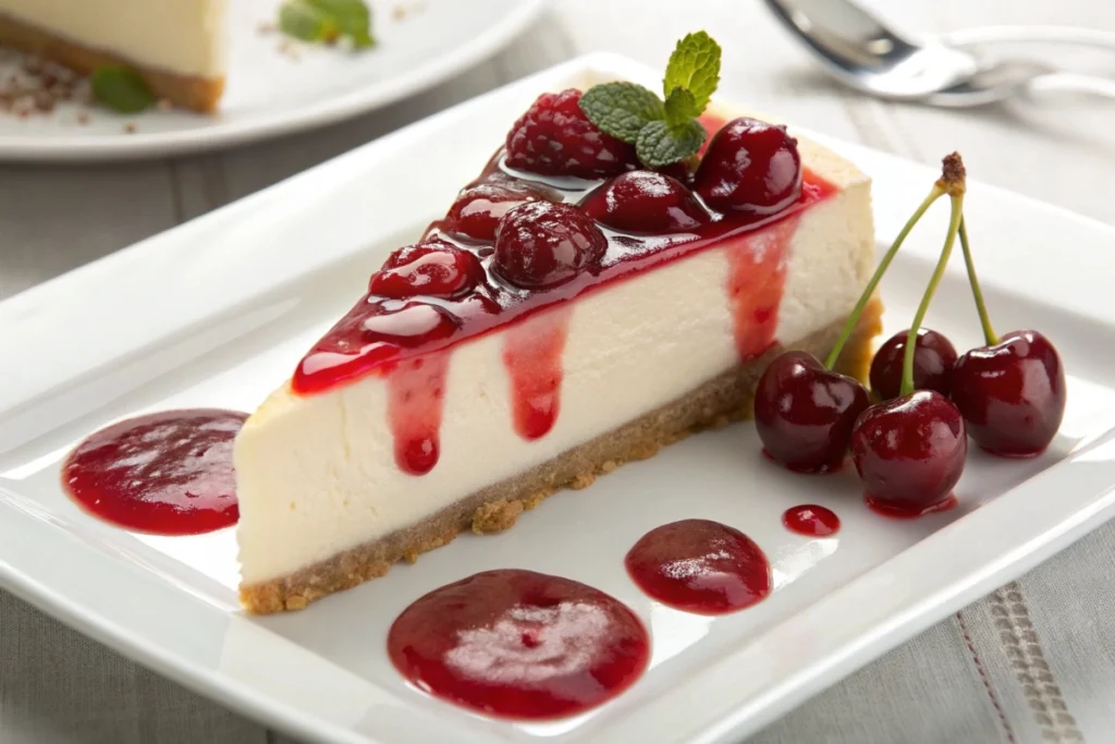 cherry jelly elegantly draped over a slice of cheesecake, showcasing its versatility.
