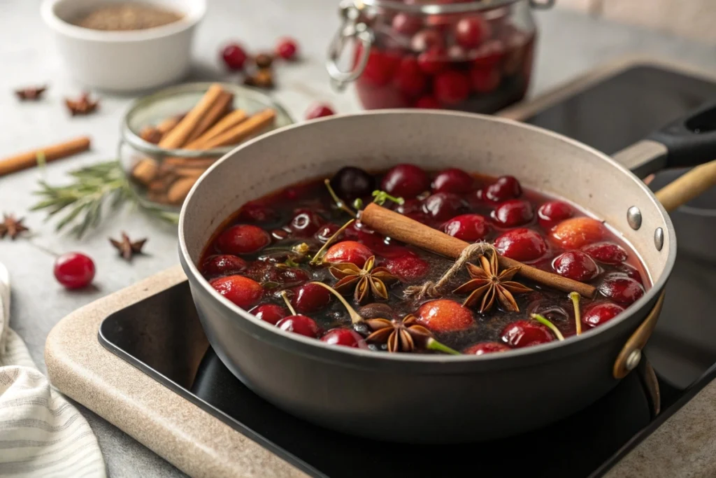 simmering cherries and spices in a saucepan, illustrating a warm and inviting variation.