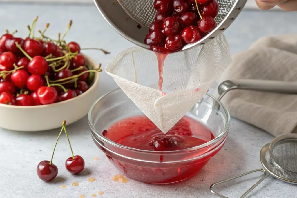the cherry mixture being strained through a jelly bag into a glass bowl.