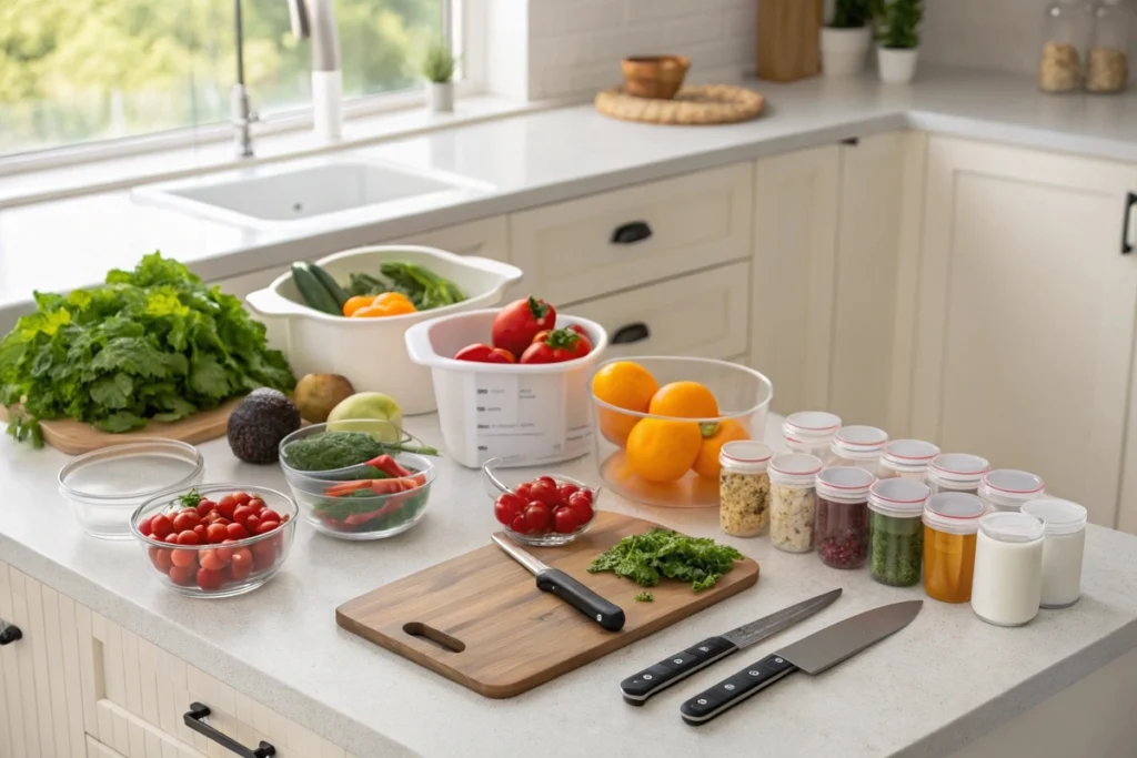 the ingredients and tools neatly arranged on a kitchen counter.