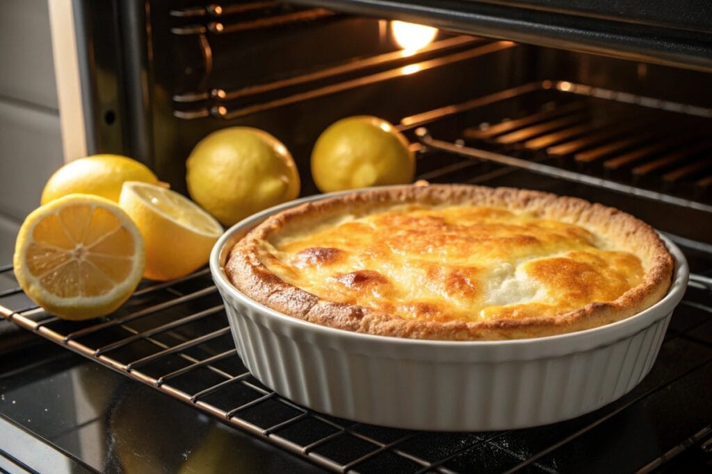 Lemon cream cheese dump cake in the oven, with a golden crust forming as it bakes.