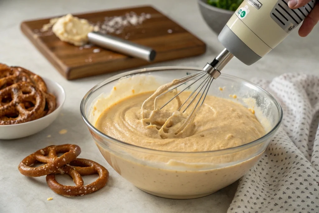 Mixing Braunschweiger dip in a bowl with a hand mixer