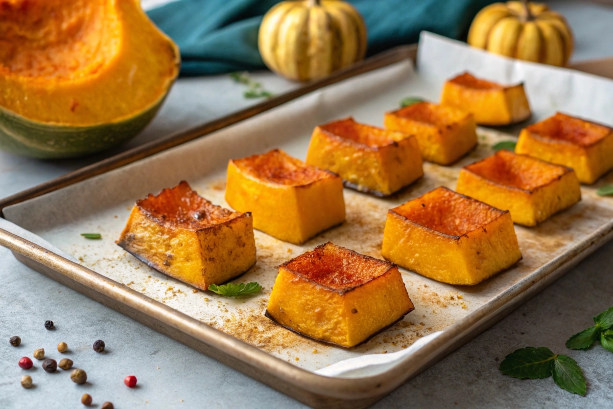 -roasted-kabocha-squash-pieces-on-a-baking-sheet-- Roasted kabocha squash pieces on a baking sheet, golden and slightly caramelized.