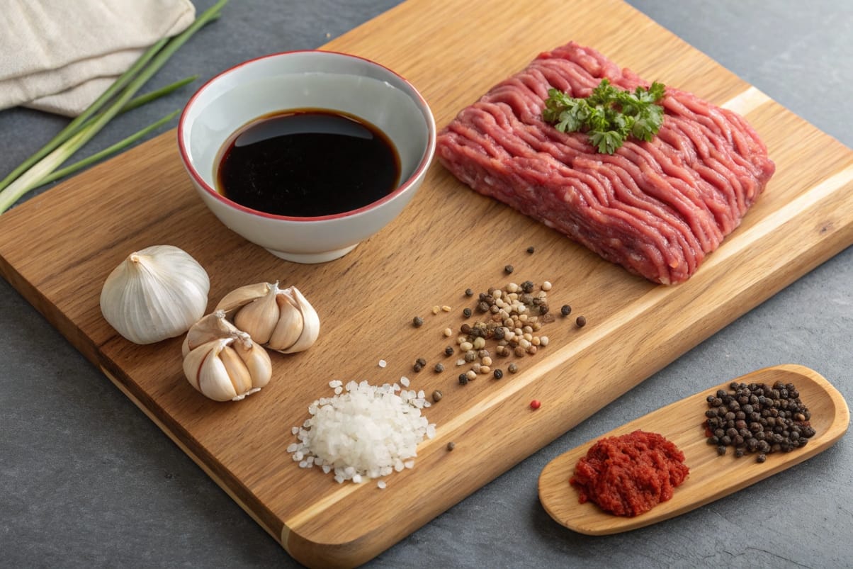 soy-sauce--garlic--and-spices-displayed-on-a-cutti Soy sauce, garlic, and spices displayed on a cutting board next to raw ground beef.