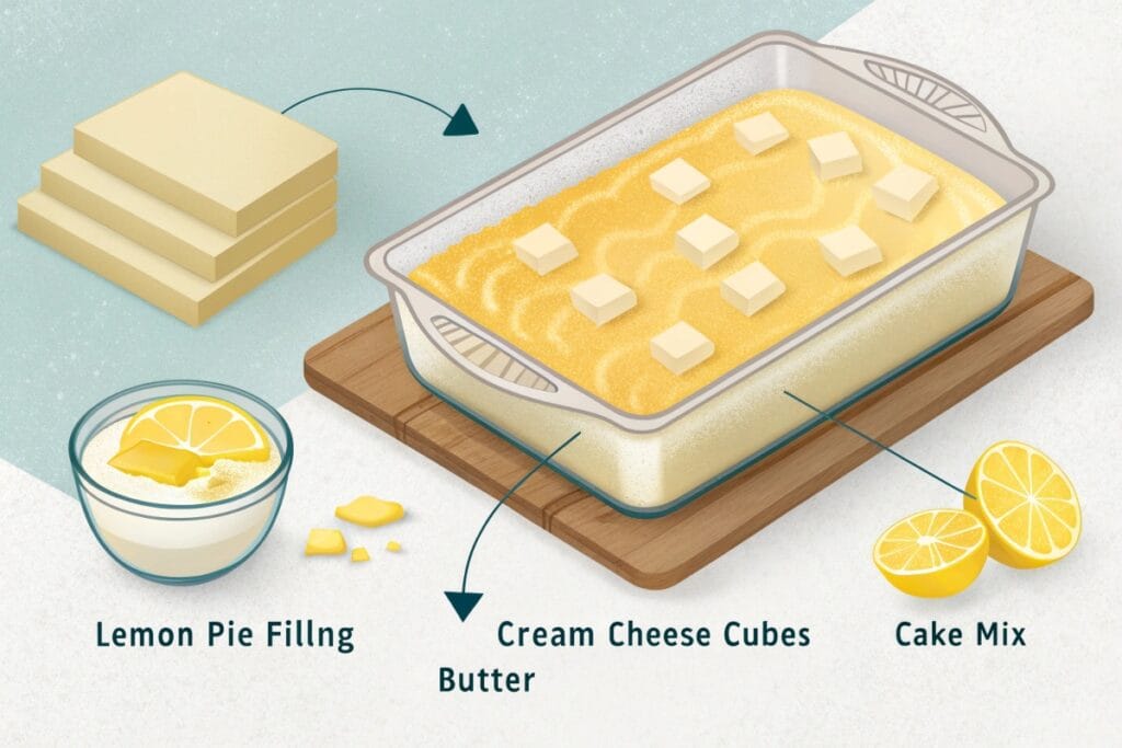 Step-by-step layering of ingredients in a greased baking dish: lemon pie filling at the base, cream cheese cubes, cake mix, and thin butter slices on top.