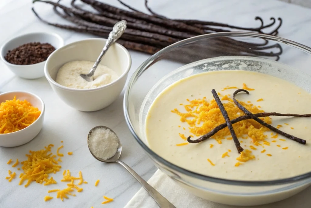 the batter preparation, highlighting citrus zest or vanilla beans being added for a creative touch.