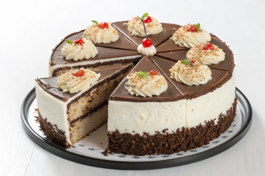 The finished Mounds Cake displayed on a serving platter with garnishes and cut slices.