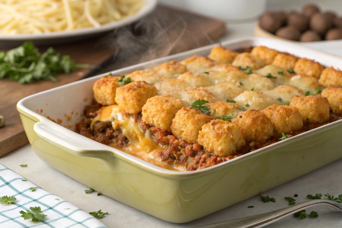 the-hotdish-in-a-baking-dish--layered-with-filling The hotdish in a baking dish, layered with filling, cheese, and neatly arranged tater tots