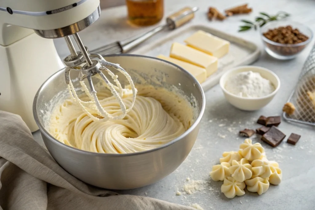 the process of frosting preparation, with butter and sugar being whipped in a stand mixer
