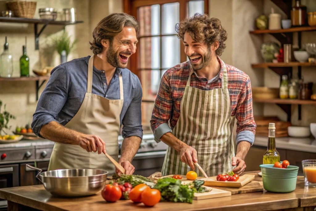 Two actors laughing and cooking together in a Mediterranean kitchen