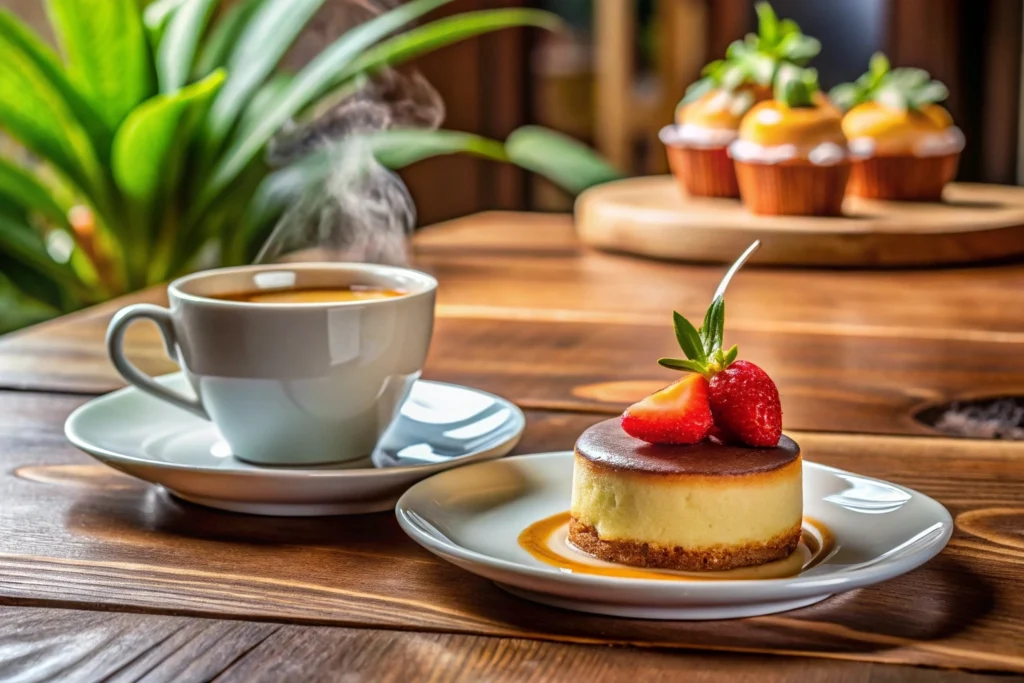 A beautiful café setting with a plated dessert and a steaming cup of espresso