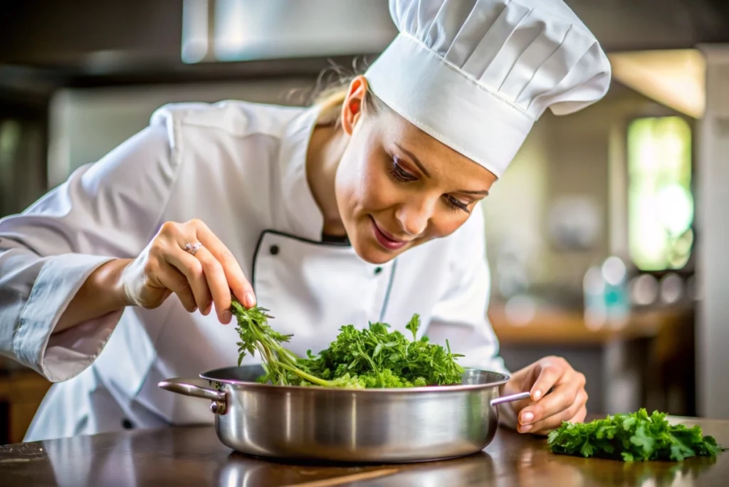 A chef adding fresh herbs to a slow-cooked dish before serving