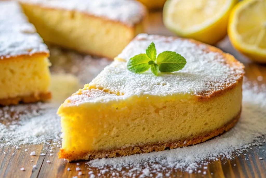 A close-up shot of lemon cake batter being poured into a baking pan, with a whisk and measuring cups in the background.