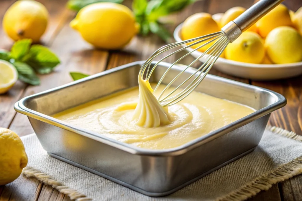 A close-up shot of lemon cake batter being poured into a baking pan, with a whisk and measuring cups in the background