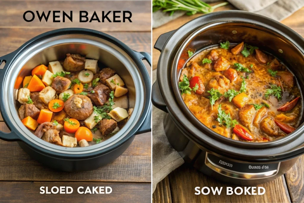 A side-by-side comparison of a slow cooker dish vs. an oven-baked version