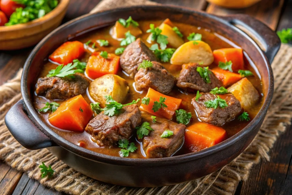 A slow cooker filled with beef stew, root vegetables, and broth simmering