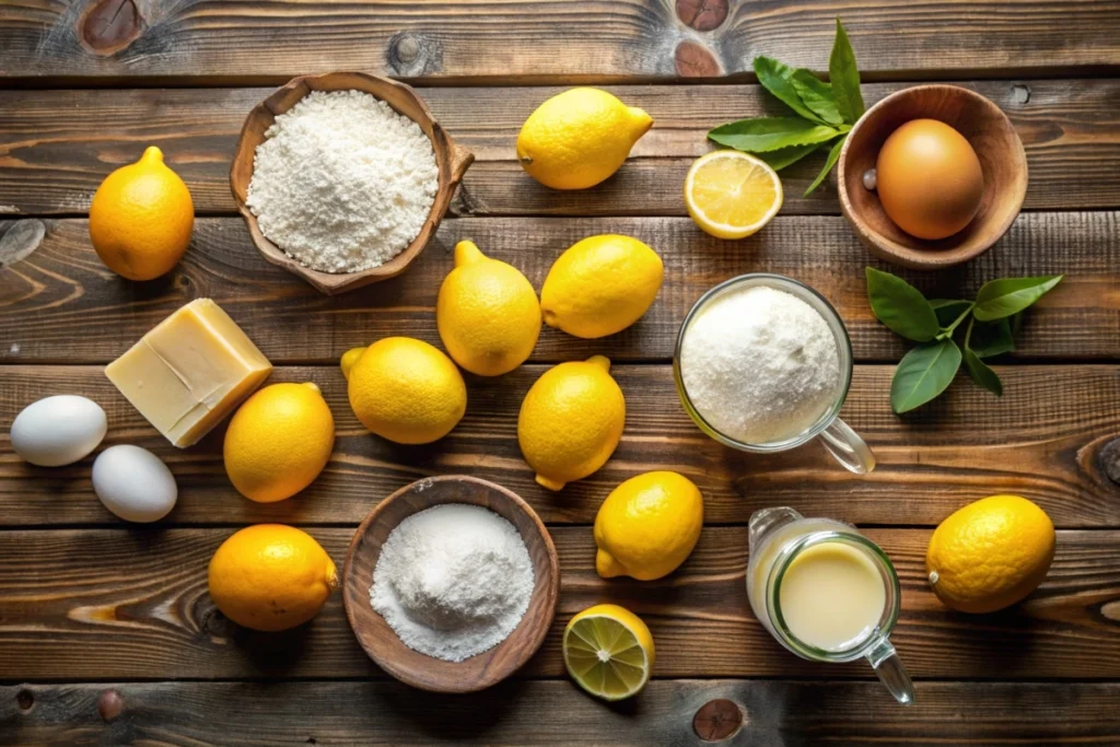A top-down view of fresh ingredients for an Italian lemon cake, including lemons, flour, eggs, sugar, and butter, arranged on a rustic wooden table