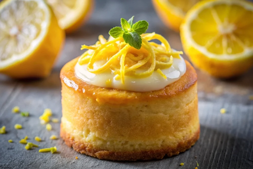 Close-up of a perfectly baked mini lemon cake, garnished with candied lemon