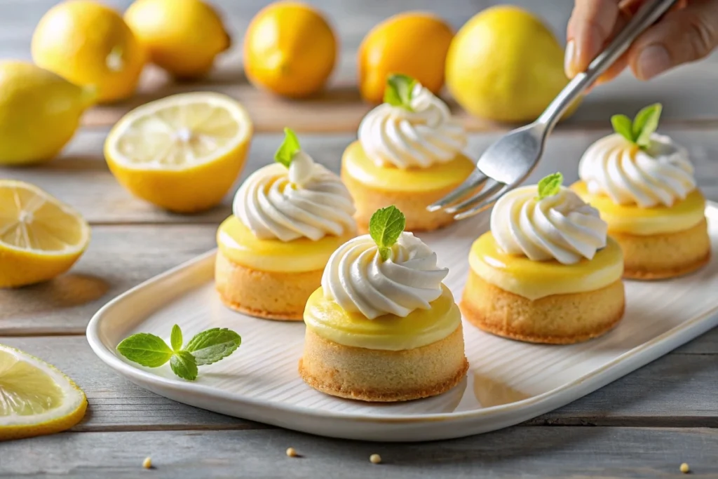 A vintage-inspired tea party setting with lemon tea cakes on a three-tiered tray