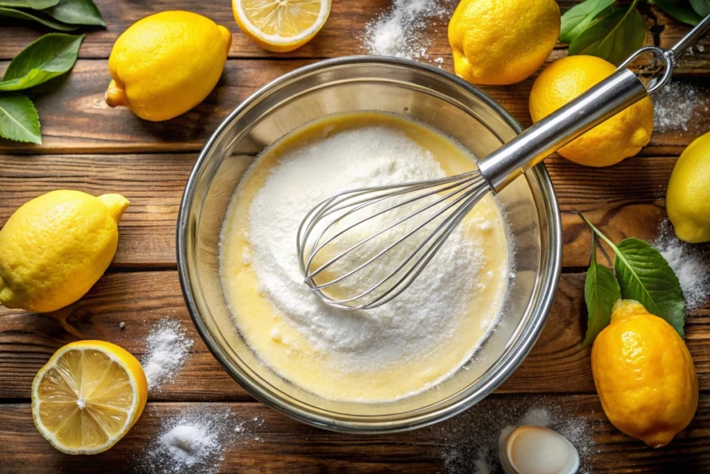 Whisking lemon cake batter in a mixing bowl with fresh lemons and sugar