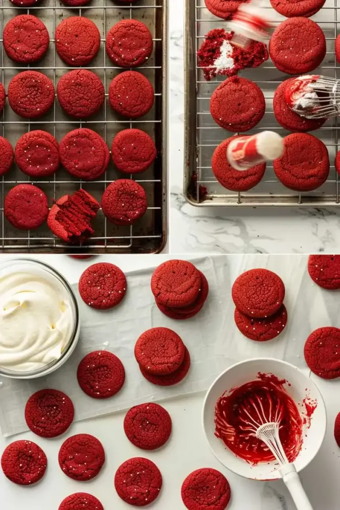 Step-by-step process of making red velvet cake mix cookies