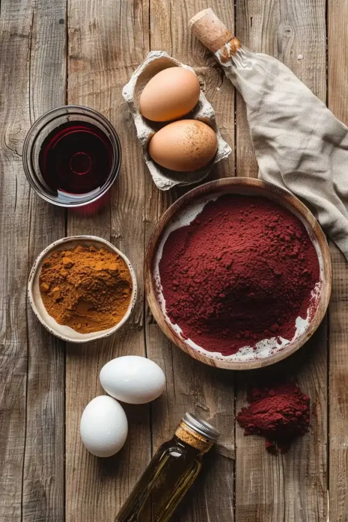 Ingredients for red velvet cake mix cookies – cake mix, eggs, and oil.