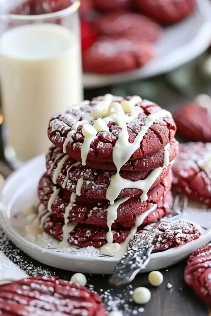 Red velvet cake mix cookies served with milk and white chocolate drizzle.