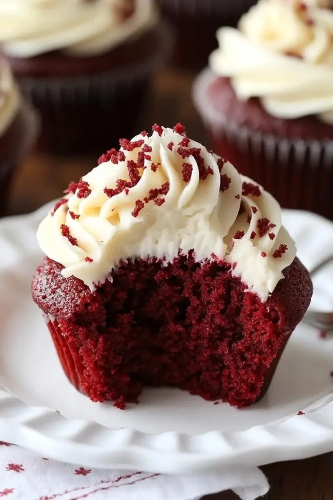Soft and fluffy red velvet cupcake inside