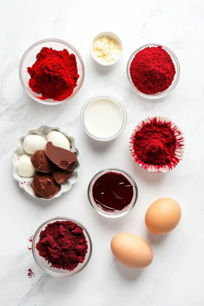 Ingredients for making red velvet cupcakes